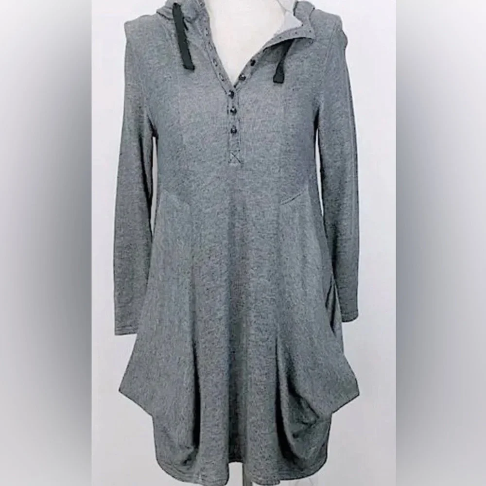 Kensie Quarter Button Jersey Dress Light Gray Drape Pockets Hood - Picture 1 of 8